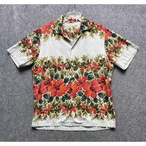 Hawaiian Tops Shirt Mens Small? White Red Hibiscus Aloha Camp Collar Made in USA